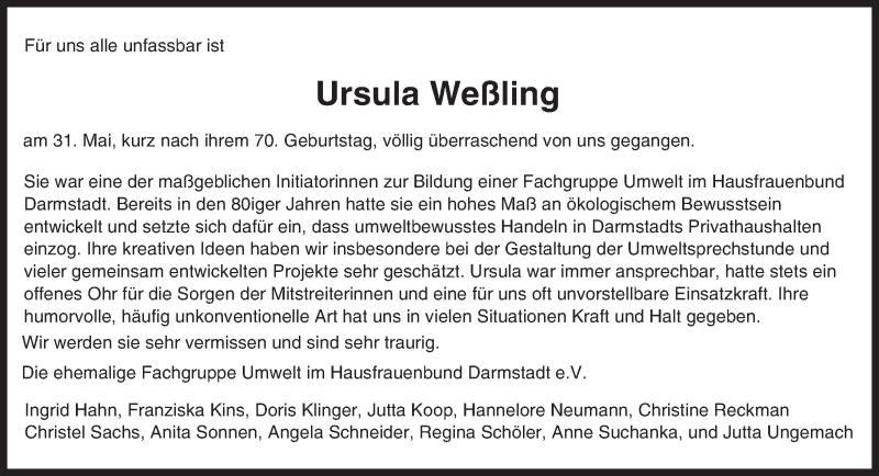  Traueranzeige für Ursula Weßling vom 07.06.2016 aus Trauerportal Echo Online