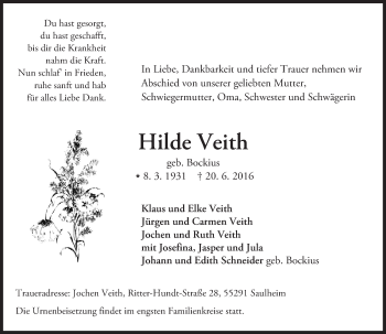 Traueranzeige von Hilde Veith von Trauerportal Rhein Main Presse