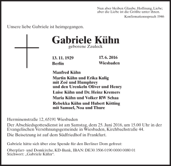 Traueranzeige von Gabriele Kühn von Trauerportal Rhein Main Presse