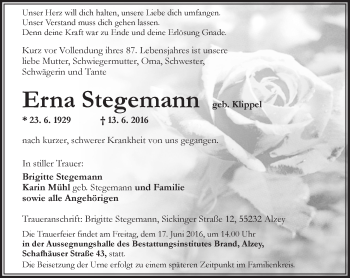 Traueranzeige von Erna Stegemann von Trauerportal Rhein Main Presse