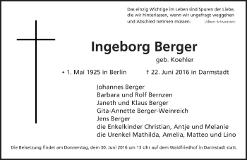 Traueranzeige von Ingeborg Berger von Trauerportal Echo Online