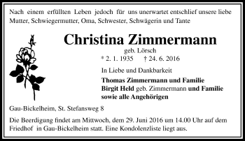 Traueranzeige von Christina Zimmermann von Trauerportal Rhein Main Presse