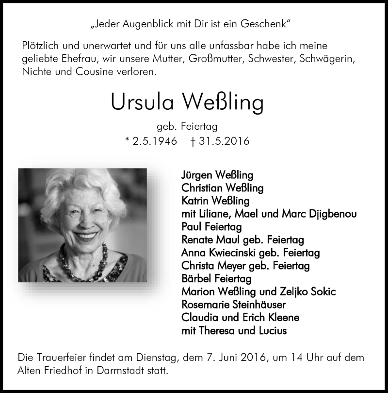  Traueranzeige für Ursula Weßling vom 04.06.2016 aus Trauerportal Echo Online