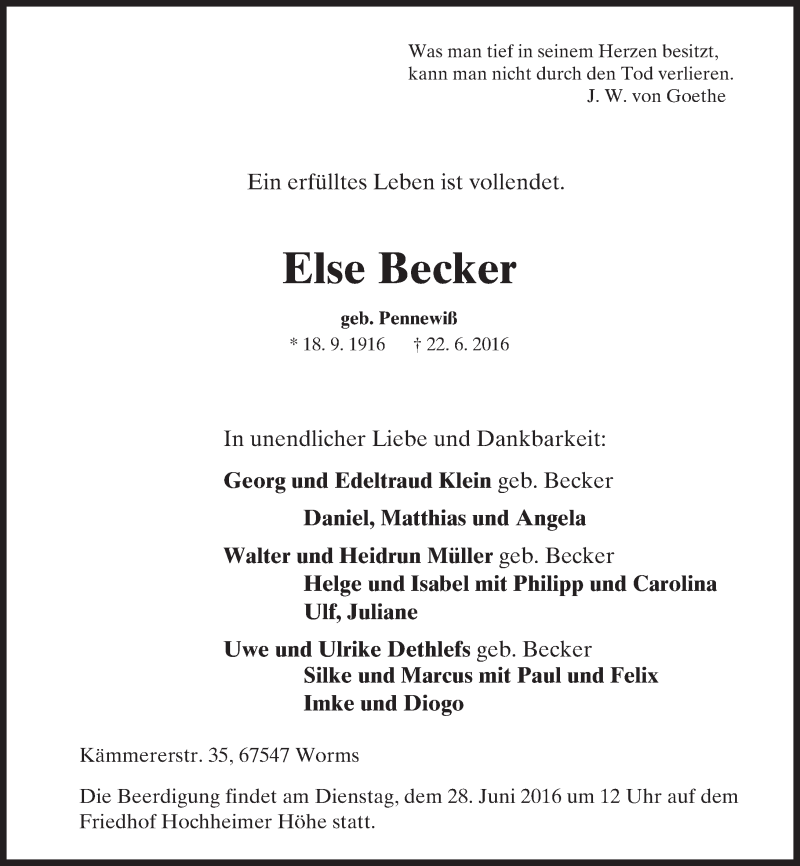  Traueranzeige für Else Becker vom 25.06.2016 aus Trauerportal Rhein Main Presse