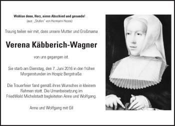 Traueranzeige von Verena Käbberich-Wagner von Trauerportal Echo Online