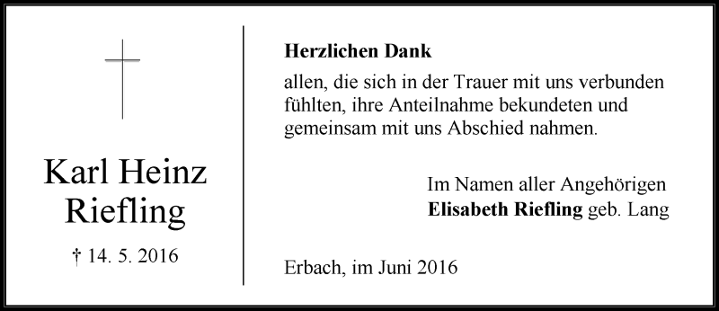  Traueranzeige für Karl Heinz Riefling vom 25.06.2016 aus Trauerportal Echo Online