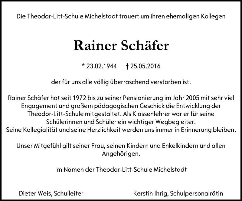  Traueranzeige für Rainer Schäfer vom 04.06.2016 aus Trauerportal Echo Online