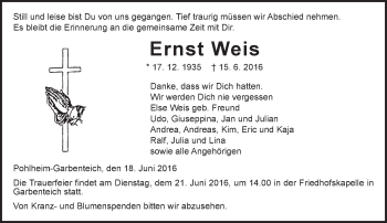 Traueranzeige von Ernst Weis von  Gießener Anzeiger