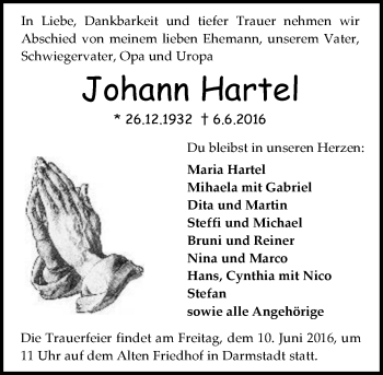 Traueranzeige von Johann Hartel von Trauerportal Echo Online