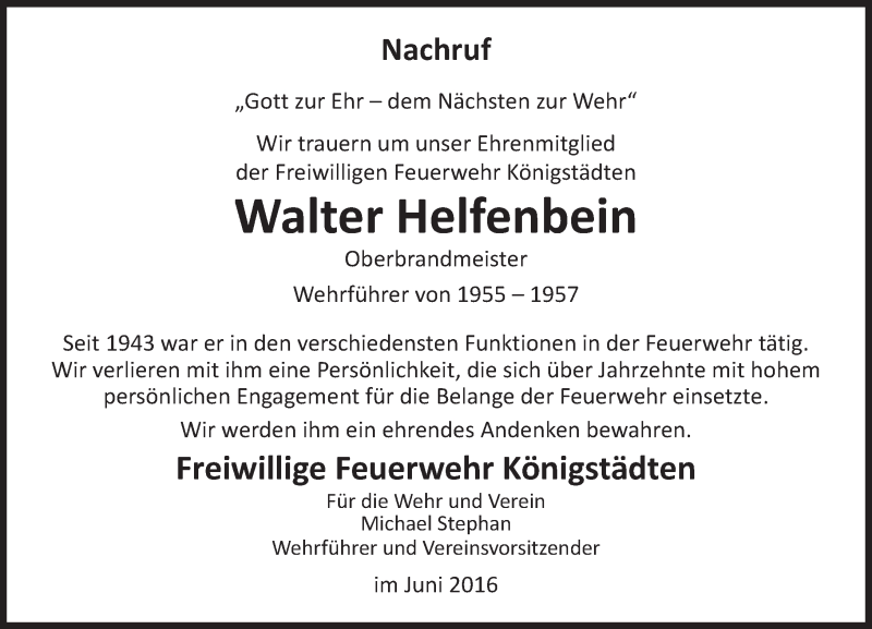  Traueranzeige für Walter Helfenbein vom 08.06.2016 aus Trauerportal Echo Online