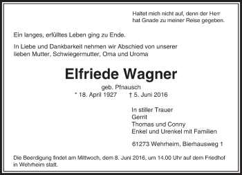 Traueranzeige von Elfriede Wagner von  Usinger Anzeiger