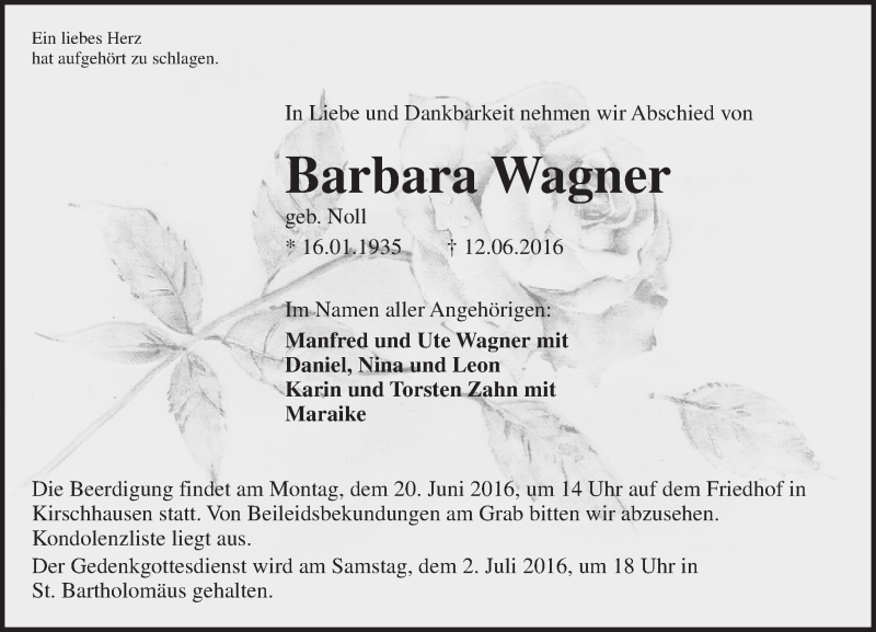  Traueranzeige für Barbara Wagner vom 17.06.2016 aus Trauerportal Echo Online
