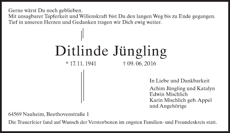  Traueranzeige für Ditlinde Jüngling vom 18.06.2016 aus Trauerportal Echo Online