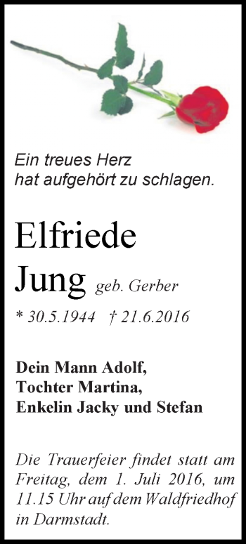 Traueranzeige von Elfriede Jung von Trauerportal Echo Online
