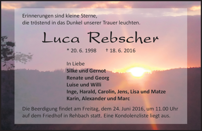  Traueranzeige für Luca Rebscher vom 22.06.2016 aus Trauerportal Echo Online