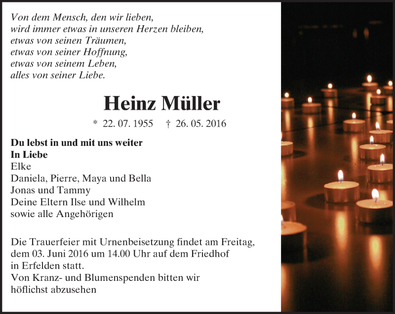  Traueranzeige für Heinz Müller vom 01.06.2016 aus Trauerportal Echo Online