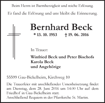 Traueranzeige von Bernhard Beck von Trauerportal Rhein Main Presse