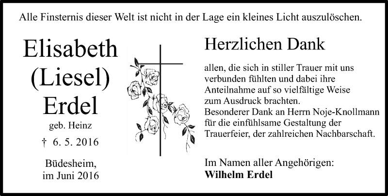  Traueranzeige für Elisabeth Erdel vom 07.06.2016 aus  Allgemeine  Zeitung Ingelheim-Bingen