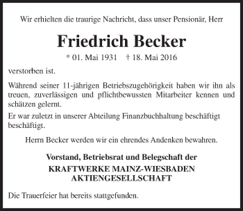 Traueranzeige von Friedrich Becker von  Mainspitze
