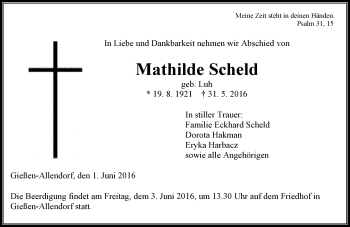 Traueranzeige von Mathilde Scheld von  Gießener Anzeiger