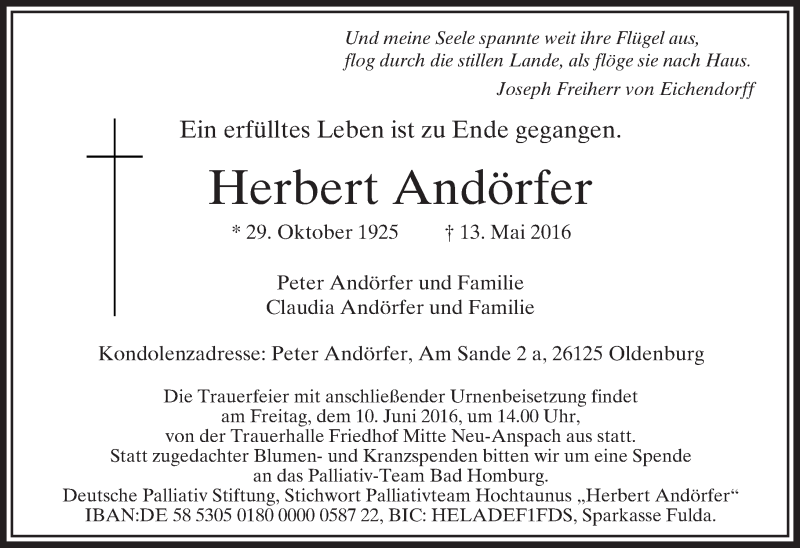  Traueranzeige für Herbert Andörfer vom 03.06.2016 aus  Usinger Anzeiger