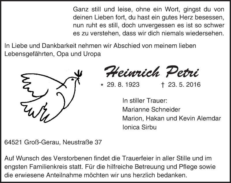  Traueranzeige für Heinrich Petri vom 04.06.2016 aus Trauerportal Echo Online