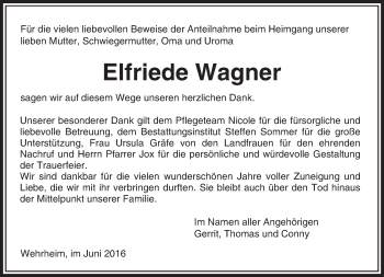 Traueranzeige von Elfriede Wagner von  Usinger Anzeiger
