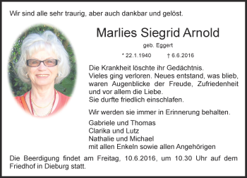 Traueranzeige von Marlies Siegrid Arnold von Trauerportal Echo Online