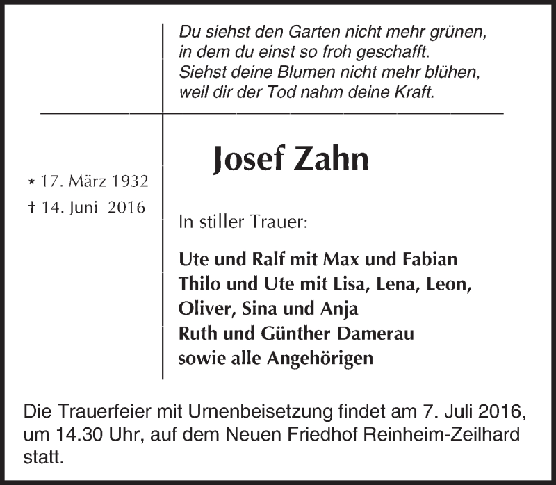  Traueranzeige für Josef Zahn vom 25.06.2016 aus Trauerportal Echo Online