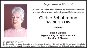 Traueranzeige von Christa Schuhmann von Echo