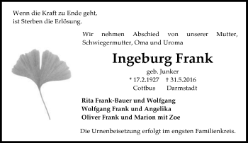 Traueranzeige von Ingeburg Frank von Trauerportal Echo Online