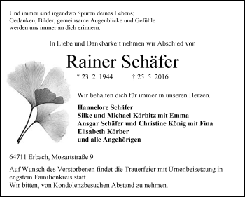 Traueranzeige von Rainer Schäfer von Trauerportal Echo Online