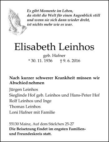 Traueranzeige von Elisabeth Leinhos von  Allgemeine Zeitung Mainz