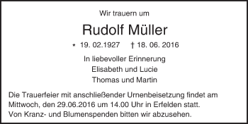 Traueranzeige von Rudolf Müller von Trauerportal Echo Online