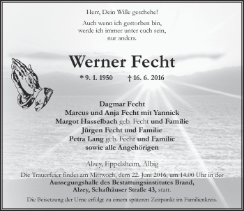 Traueranzeige von Werner Fecht von Trauerportal Rhein Main Presse