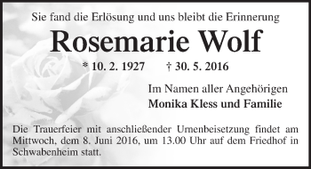 Traueranzeige von Rosemarie Wolf von  Mainspitze
