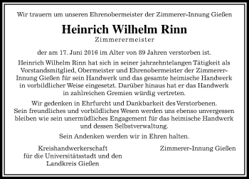 Traueranzeige von Heinrich Wilhelm Rinn von  Gießener Anzeiger
