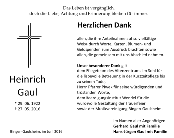 Traueranzeige von Heinrich Gaul von Trauerportal Rhein Main Presse