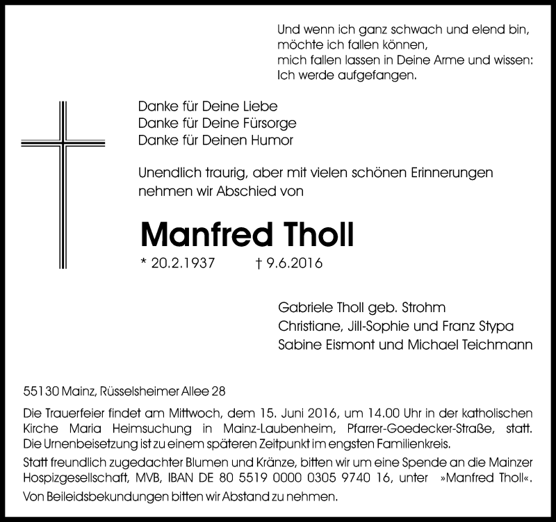  Traueranzeige für Manfred Tholl vom 11.06.2016 aus  Allgemeine Zeitung Mainz