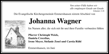 Traueranzeige von Johanna Wagner von  Usinger Anzeiger