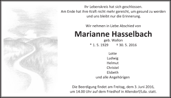 Traueranzeige von Marianne Hasselbach von  Gießener Anzeiger