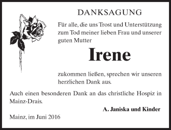 Traueranzeige von Irene  von  Allgemeine Zeitung Mainz