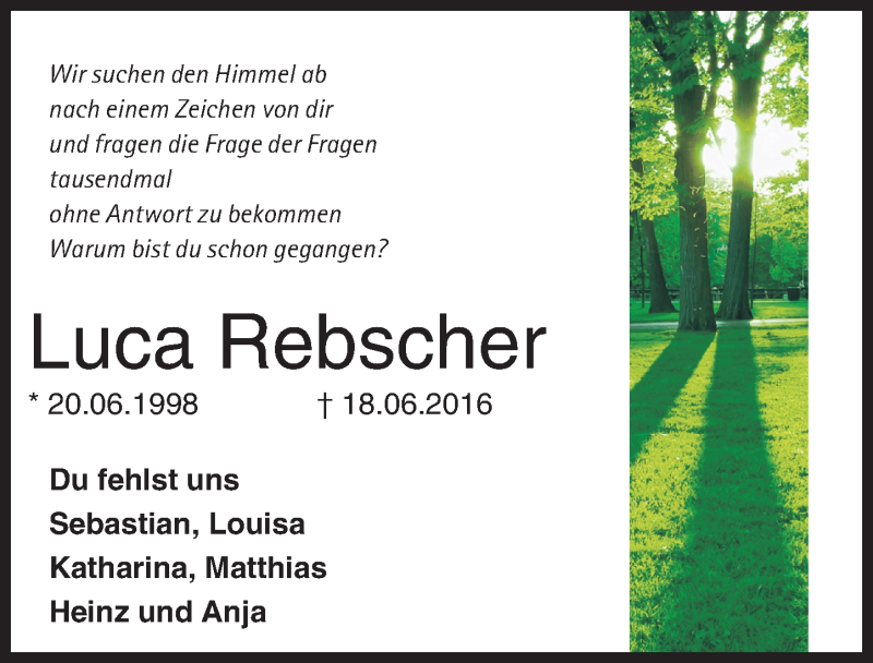  Traueranzeige für Luca Rebscher vom 23.06.2016 aus Trauerportal Rhein Main Presse