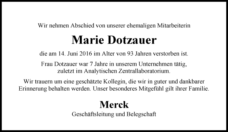  Traueranzeige für Marie Dotzauer vom 24.06.2016 aus Trauerportal Echo Online