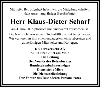 Traueranzeige von Klaus-Dieter Scharf von  Usinger Anzeiger