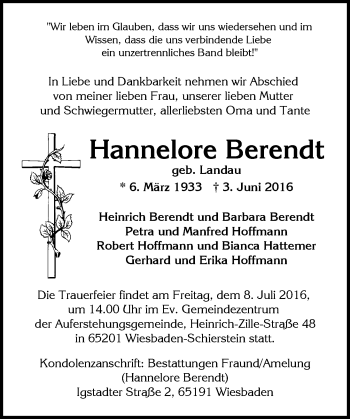 Traueranzeige von Hannelore Berendt von  Wiesbaden komplett