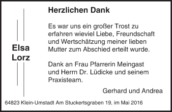 Traueranzeige von Elsa Lorz von Trauerportal Echo Online