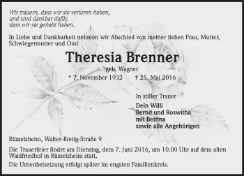Traueranzeige von Theresia Brenner von  Mainspitze