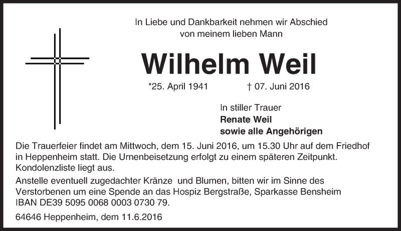 Traueranzeige für Wilhelm Weil vom 11.06.2016 aus Trauerportal Echo Online