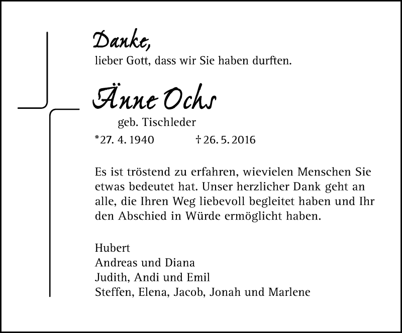  Traueranzeige für Änne Ochs vom 15.06.2016 aus Trauerportal Rhein Main Presse